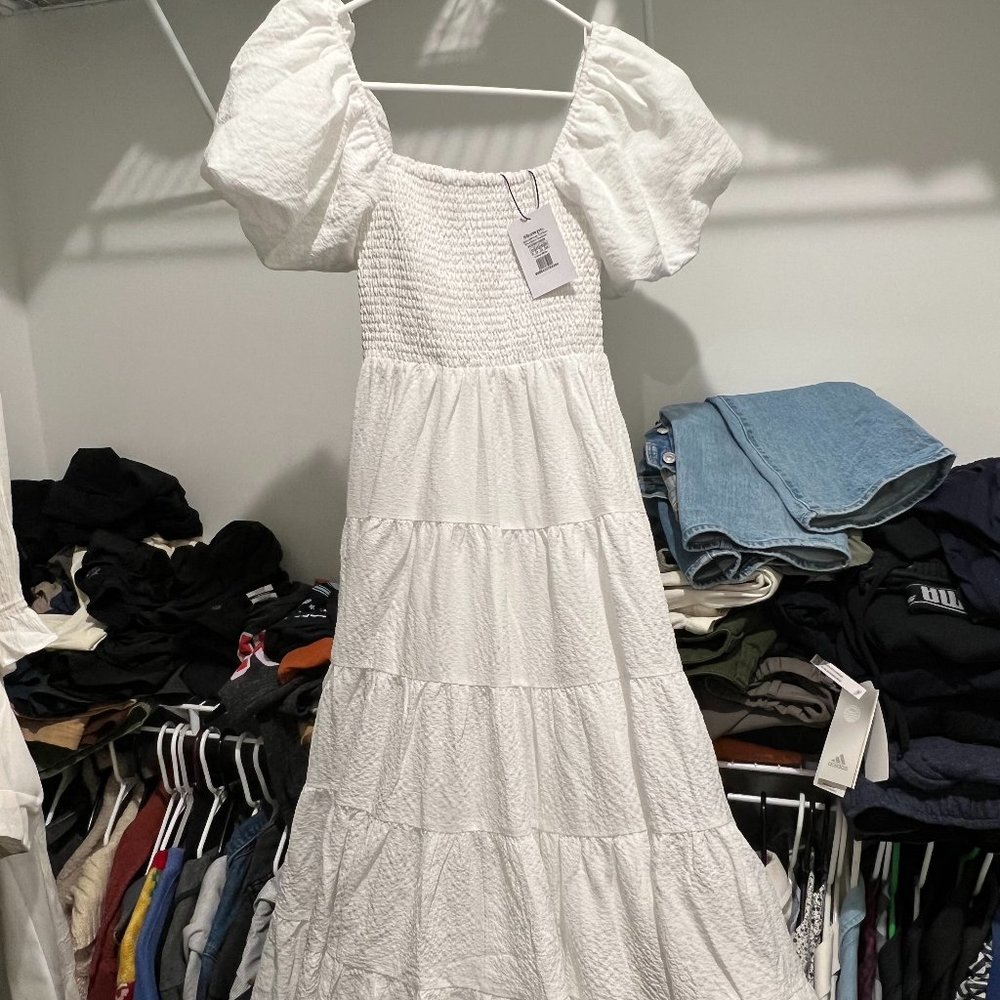 Showpo- MAXIMA MIDI DRESS - PUFF SLEEVE SHIRRED BODICE TIERED DRESS IN WHITE